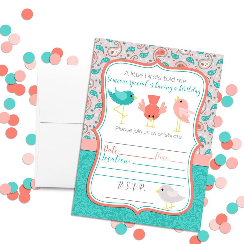 Amanda Creation A Little Birdie Told Me Themed Birthday Party Celebration Invitations, 20 5x7 Fill In Cards with Twenty White Envelopes by AmandaCreation - Image 2